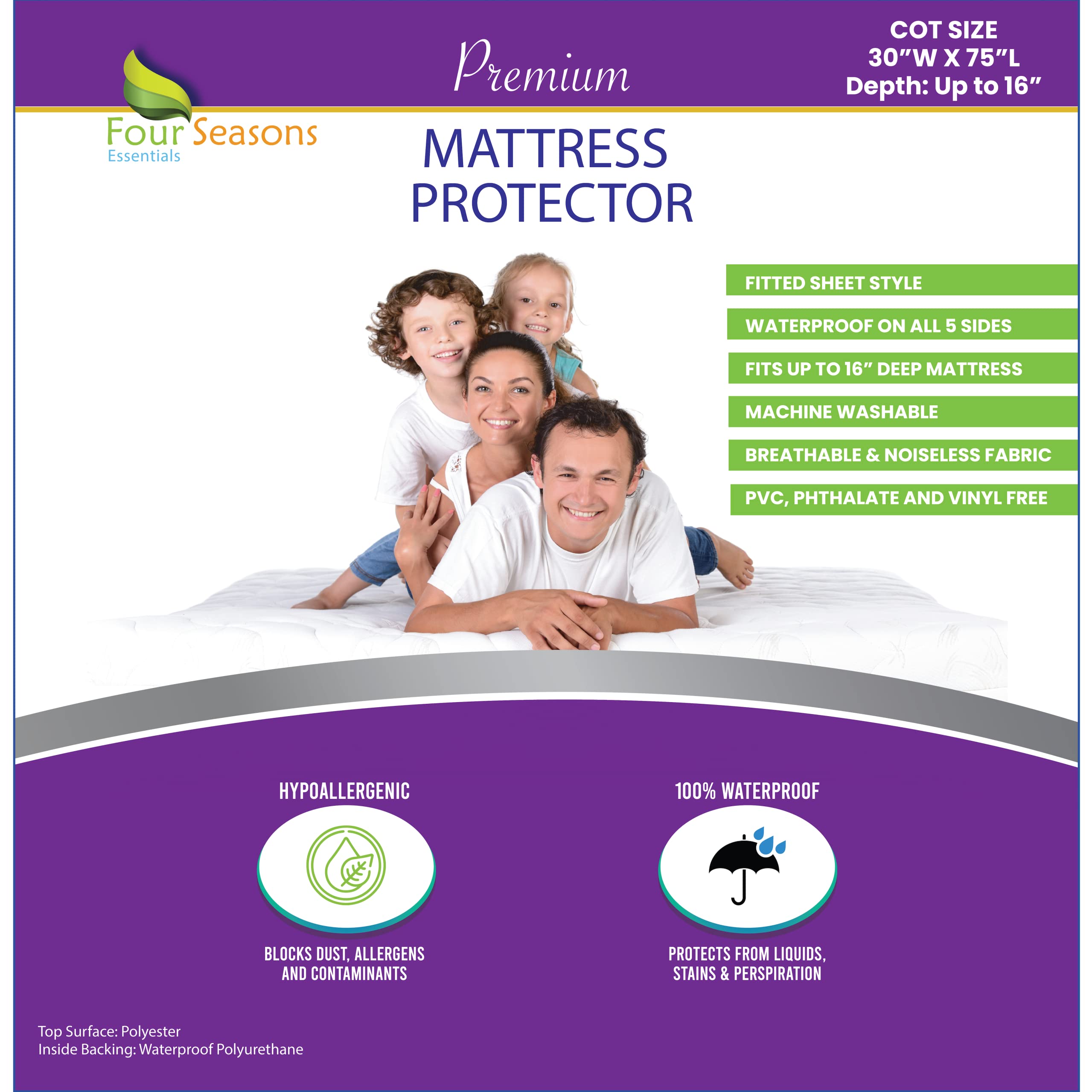 Cot Size Waterproof Mattress Protector (30' Wx75 L) - Fitted Sheet Style - Hypoallergenic Premium Quality Cover Protects Agains